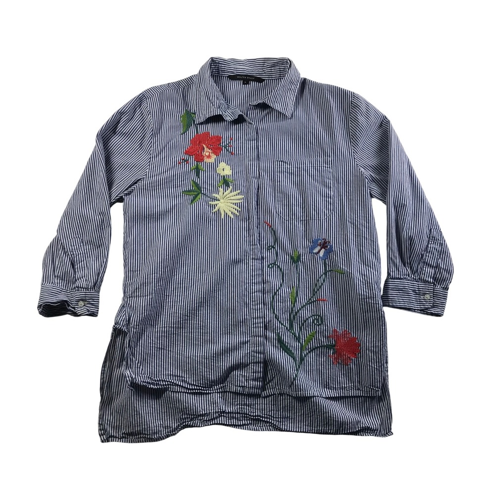 Walter Baker Blue White Striped Floral Embroidered Cotton Button Down Shirt L